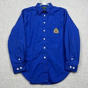 VTG Lauren Ralph Lauren Shirt Women's 10P Blue Button Up Anchor Crest Gold 90s